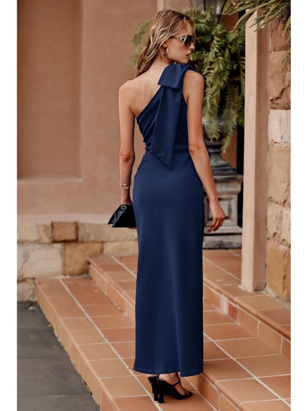 Women's Navy Blue Summer One Shoulder Long Formal Dress Ruched Bodycon Maxi - Picture 5 of 6